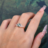 Dainty Princess Cut Moss Agate Enagement Ring Vintage Side Stone Ring